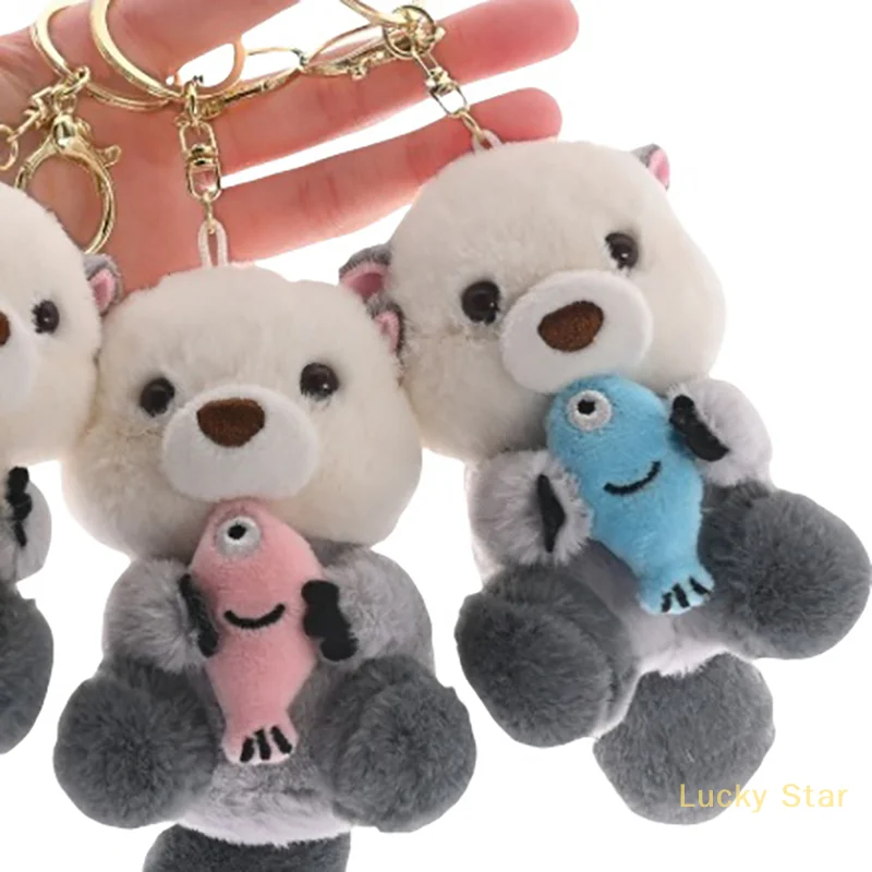 1 Piece Stylish Backpack Keyring Cute Otters Holding Fish Plush Pendant Keychain Lovely School Bag Key Wallet Decoration