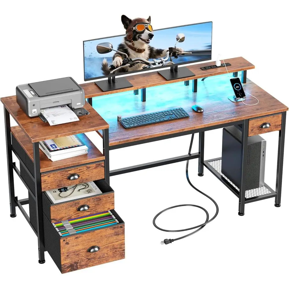 

60-дюймовый компьютерный стол с картотечным шкафом и полками для хранения, двусторонний стол для домашнего офиса со светодиодной подсветкой, полная подставка для монитора, мощность