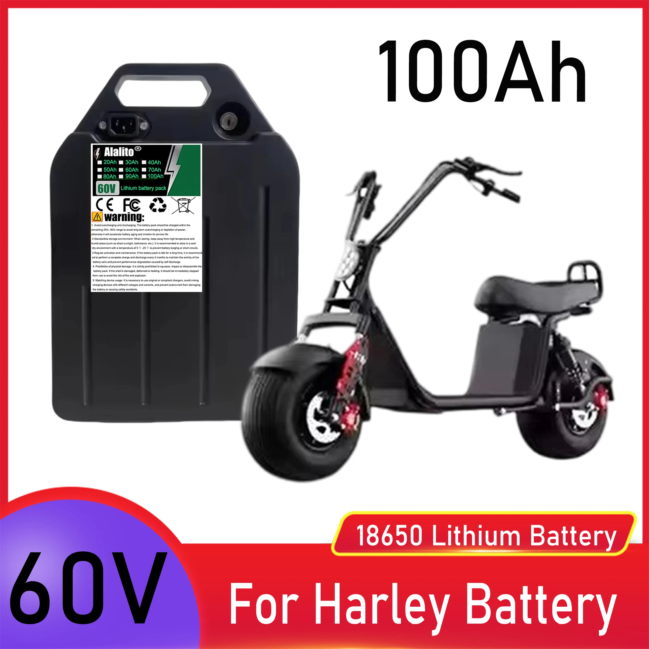 Citycoco Battery 60v 20ah-100ah 18650 Lithium-ion Battery for Harley Citycoco Motorcycle