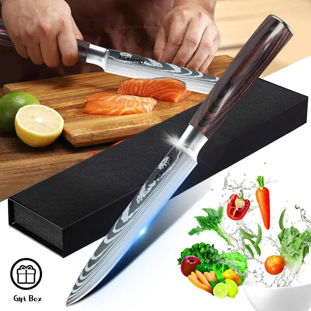 5 inch Utility Slicing Knife Stainless Steel Chef Cleaver  Multi-purpose Peeler Fruit Meat Cutter Knives with Pakka Wood Handle