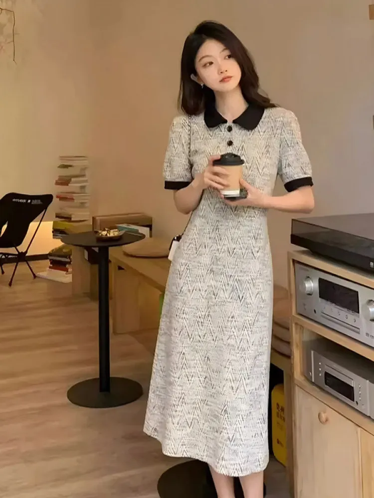 

Summer 2026 Slim Fit Collar Dress Elegant High Waist A-Line Skirt Polyester Fiber Short Sleeve Minimalist Style Casual Wear