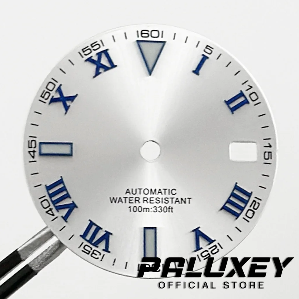 

Циферблат для часов NH35 Sunburst 29 мм, белый с синими римскими цифрами, с зеленым люминесцентным покрытием, для механизмов NH35A, 4R35, NH36, запасные части.