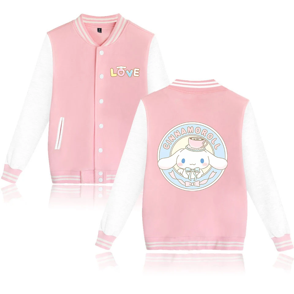 Blouson aviateur Cinnamoroll pour hommes et femmes, manteau de baseball, streetwear de dessin animé, veste universitaire Harajuku, mignon, automne