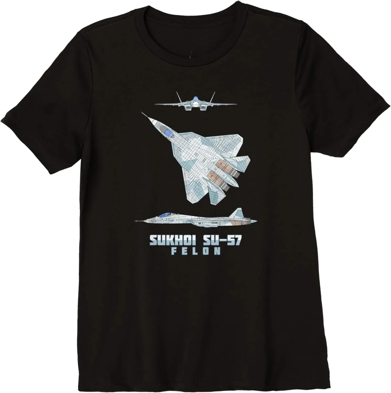 Sukhoi Su-57 Russian Stealth Fighter Plane Diagram Premium T-Shirt O-neck Tee Retro Style Custom Printed Women Men Summer ShirtA