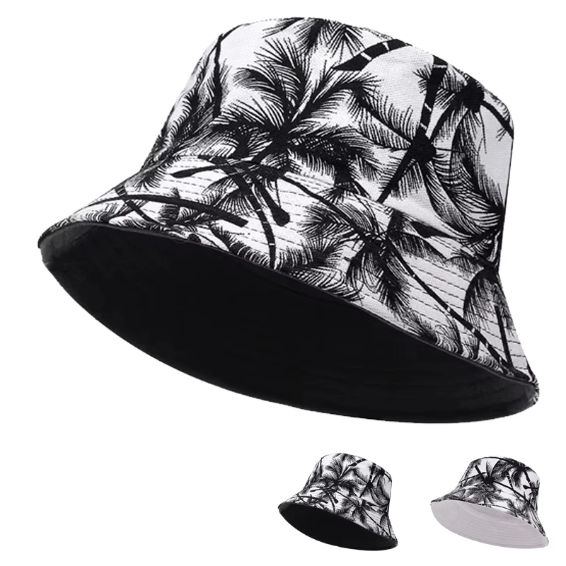 Herren Damen Kokosnussbaum Bucket Hat Baumwolle Bedruckt Hip Hop Fischerhut Panama Sonnenhut Outdoor Street Casual Visor Bucket Cap