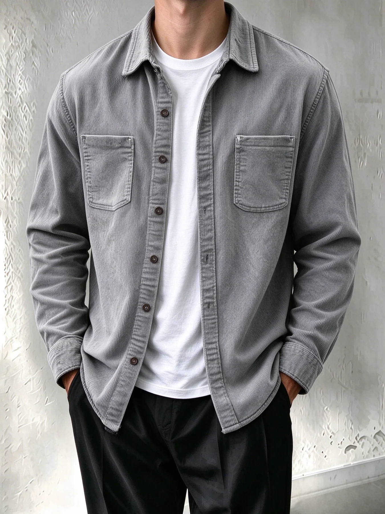 Men Corduroy Long Sleeve Shirt Jacket Button‑Down Collar With Double Chest Pockets Solid Color Casual Loose Shacket Outerwear