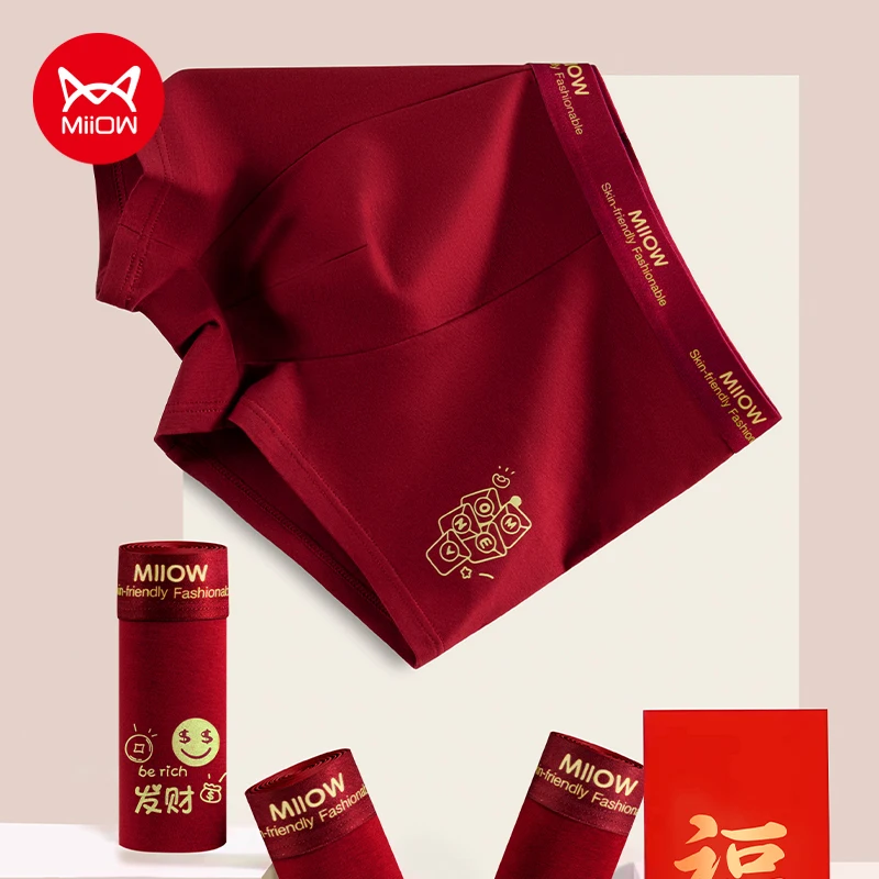 

MiiOW 3Pcs Cotton Men's Underwear Boxers Lucky Red Men Panties 10A Antibacterial Crotch Man Underpants Cute Print Mens Trunks