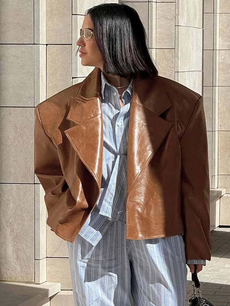 

Винтажная куртка из искусственной кожи, женская уличная свободная укороченная куртка с лацканами на плечах и одной пуговице, осень-зима 202, шикарная верхняя одежда