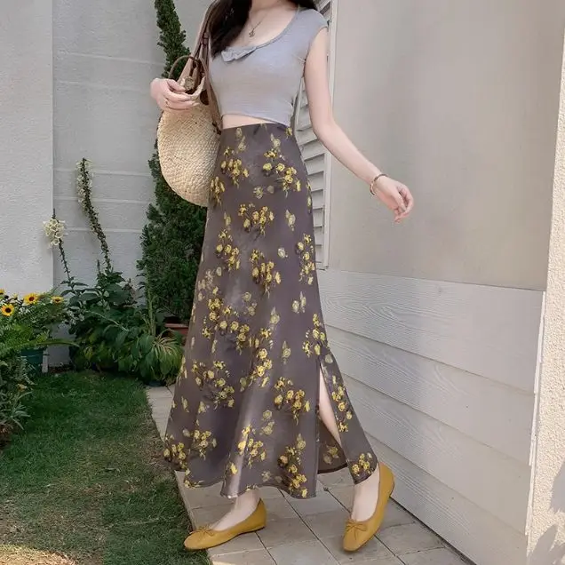 

French Vintage Rose Floral Midi Skirt With High Waist And Casual All-macth Lady Side Shirt