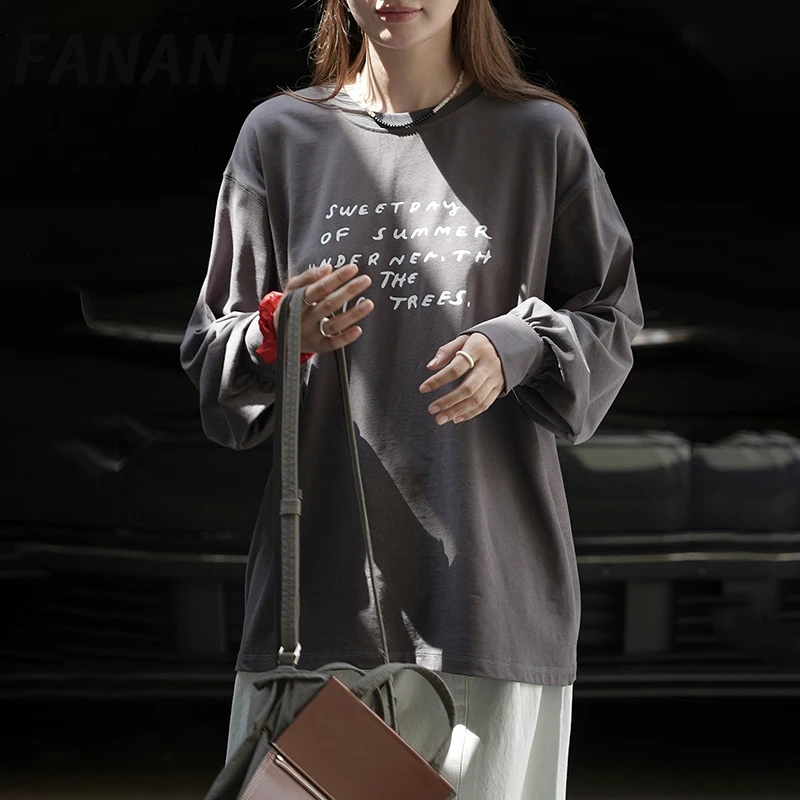 

FANAN Fashion Print Long Sleeve T-shirt For Women Round Neck Long Sleeve Loose Streetwear Contrast Color Tops 2025 Autumn New