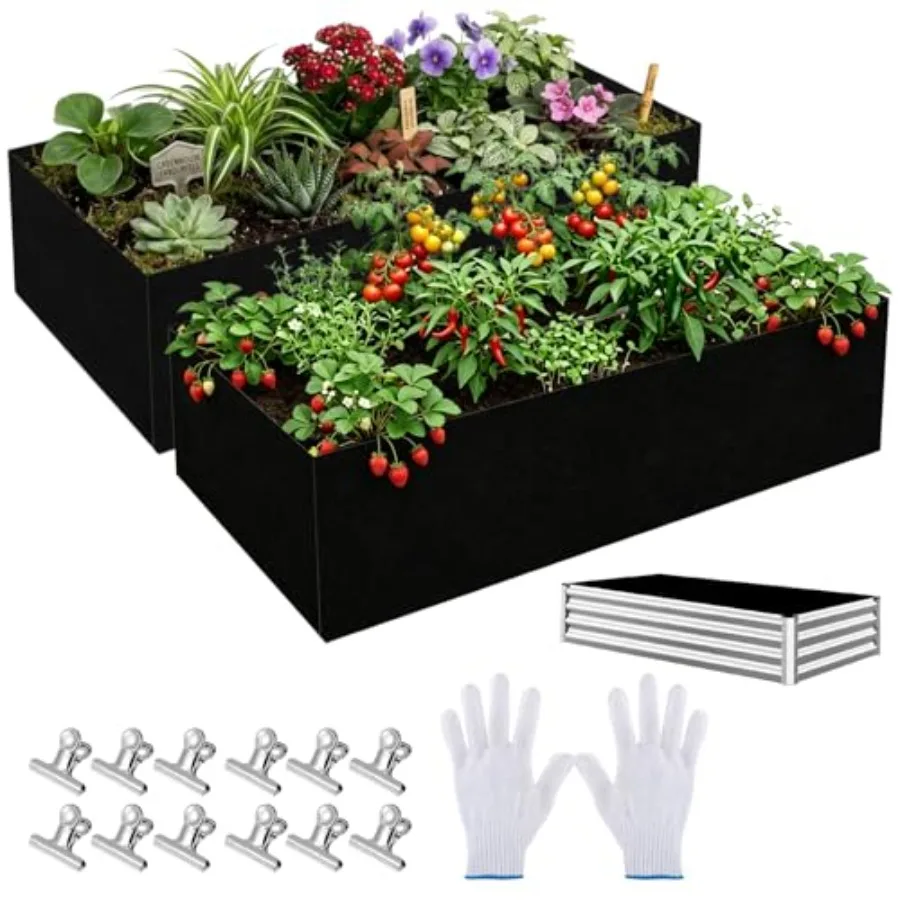 

2 Sets Raised Garden Bed Liner Bag, 4 x 2 x 1 Feet Breathable Grow Bed Fabric Liners with Clips Gloves, Garden Grow Bed Bag Gro