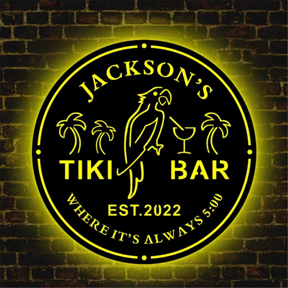 Personalized Tiki Bar Neon Sign LED Wall Lamp Custom Name Parrot Tiki Decor for Backyard Patio Beach Pool LED USB Night Light