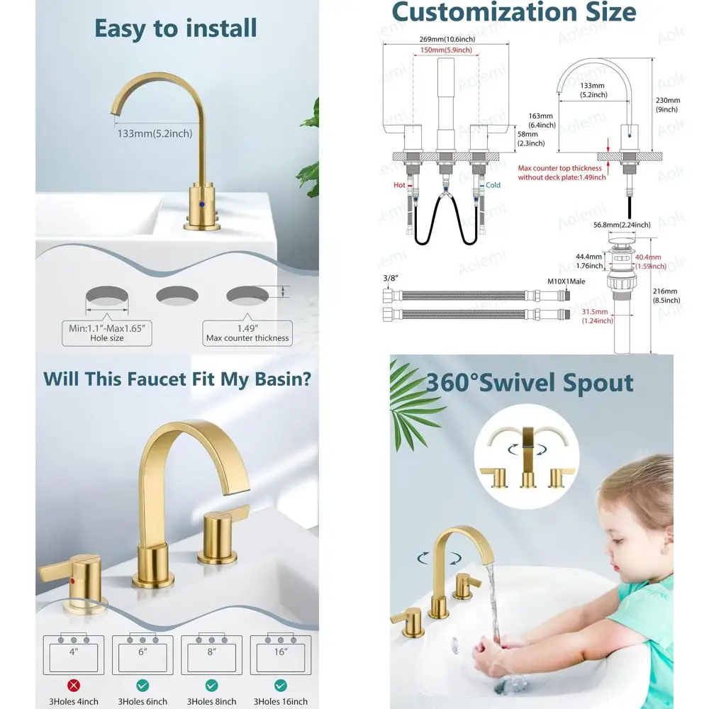 

8 Inch Widespread Brushed Gold Waterfall Bathroom Sink Faucet with 2 Handles and Pop-Up Drain