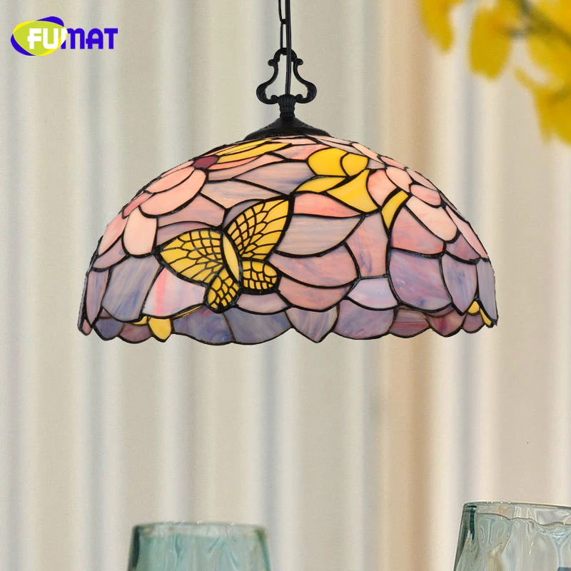 FUMAT Stained Glass Pendant Lights Butterfly Art Glass Pendant Light For Bed Room Living Room LED Pendant Light Fixtures