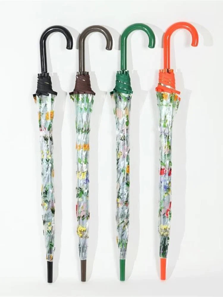 Umbrella Transparent high-value flower slender curved handle umbrella Long handle umbrella Semi-automatic straight rod