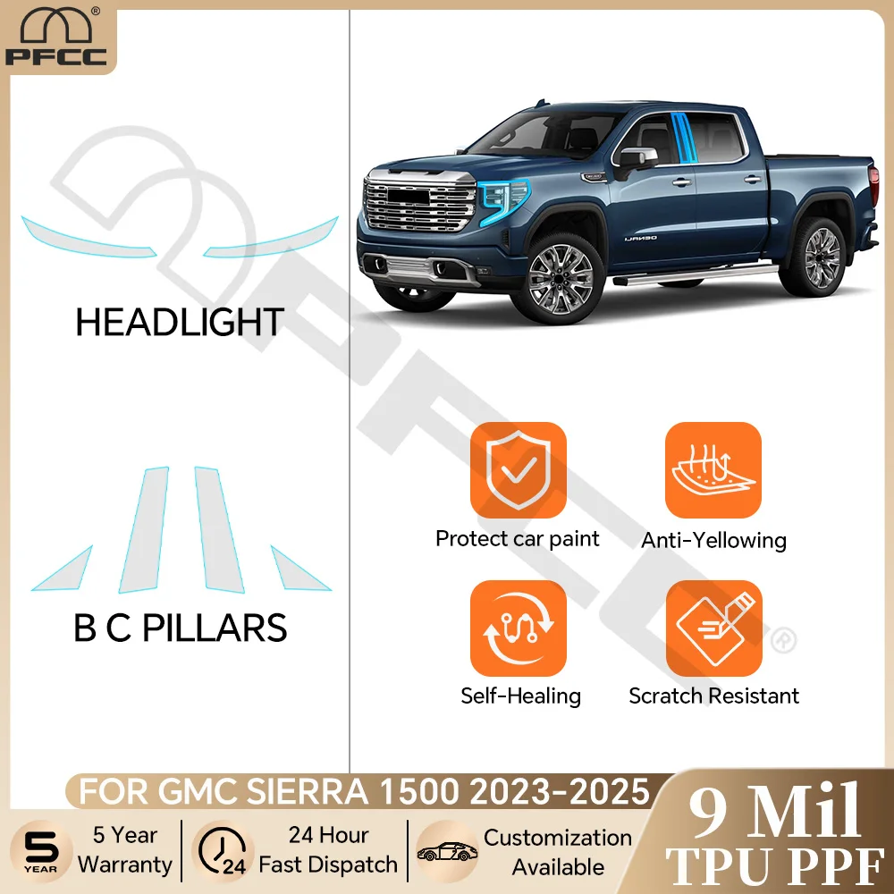

For GMC Sierra 1500 2023-2025 Pre-cut PPF Car Headlight B Pillars Film TPU Paint Protection Film Clear Bra Anti-Scratch Cover