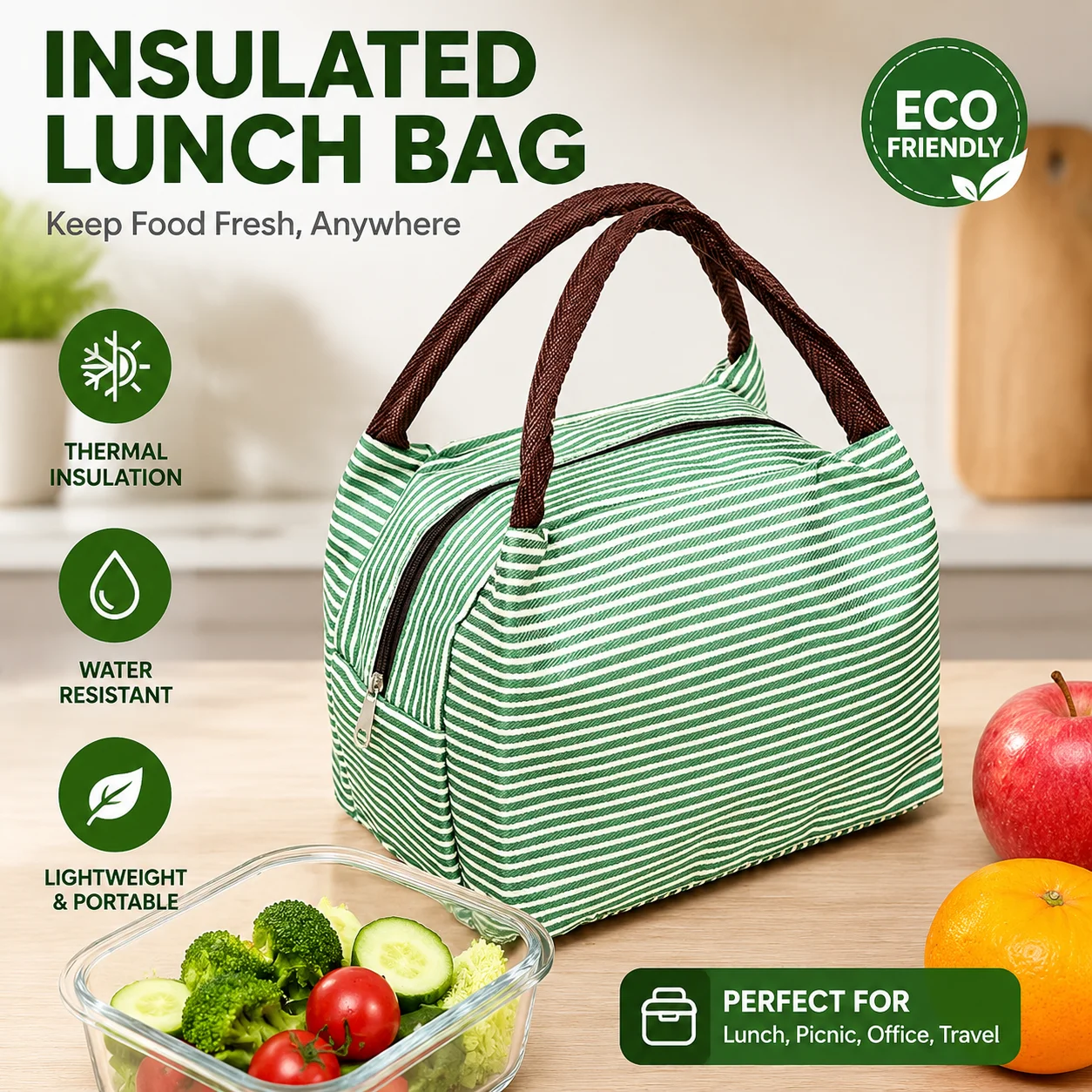Food Pouch Reusable - Insulated Leak-Proof Striped Lunch Bag Portable
