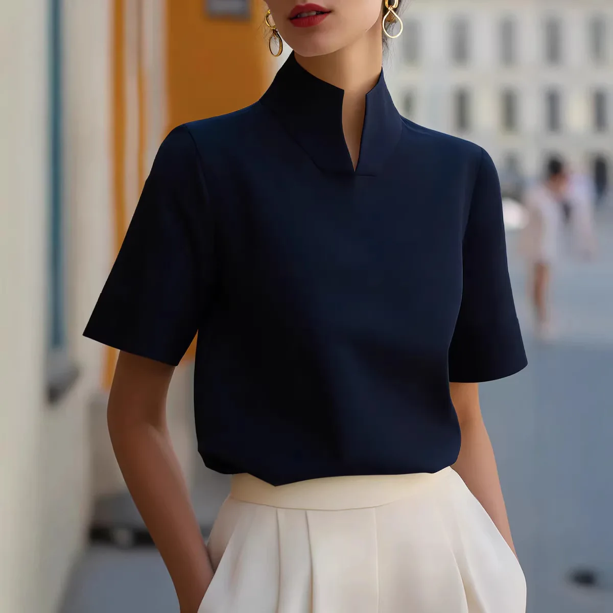 Elegant Stand Collar Short Sleeve Blouse Women Slim Fit Top For Office Party Wear