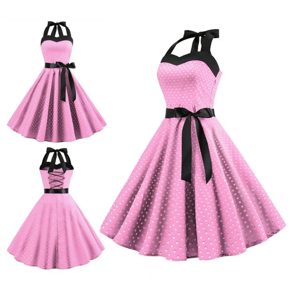 Dress Vintage Pin-up wanita, Gaun Midi leher Halter Retro 50s 60s dengan Detail renda dekorasi pita A-line pesta Prom Retro