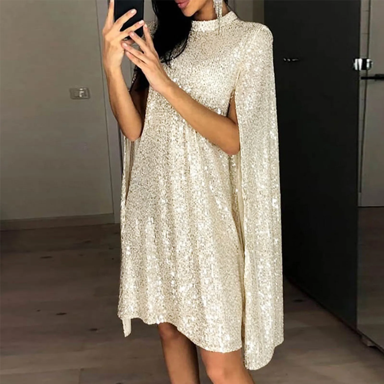 Ladies Cloak Style Party Sequin Dresses Solid Color Waist High Neck Dress Mock Neck Cape Design Sequins Cloak Sleeve Dresses