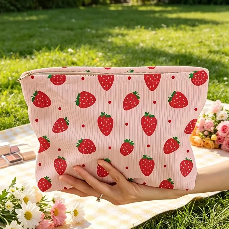 New Pink Strawberry Makeup Bag Sturdy Durable Corduroy Casual Cute Strawberry Clutch Bag Makeup Brushes Cosmetics Storage Bag
