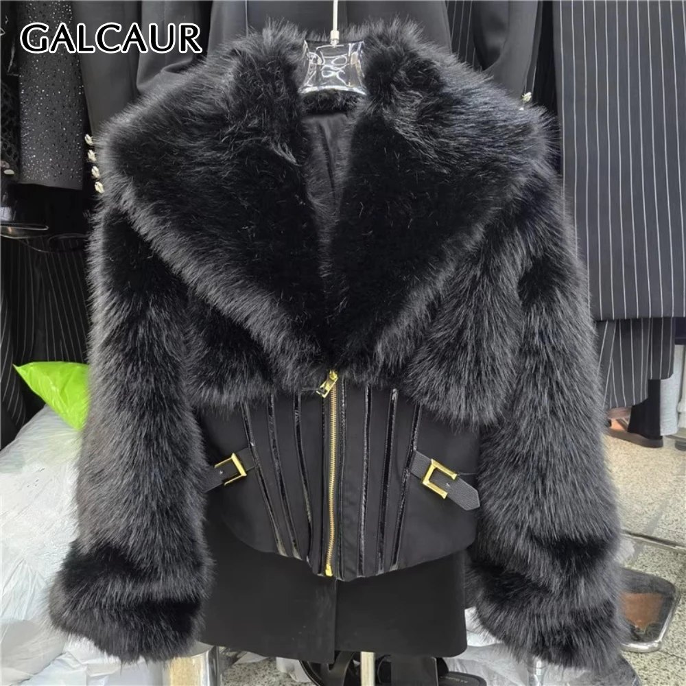 

GALCAUR черная шикарная куртка из сращенного меха, женская свободная уличная одежда с лацканами и длинными рукавами, базовые женские куртки, осенний стиль, модная новинка