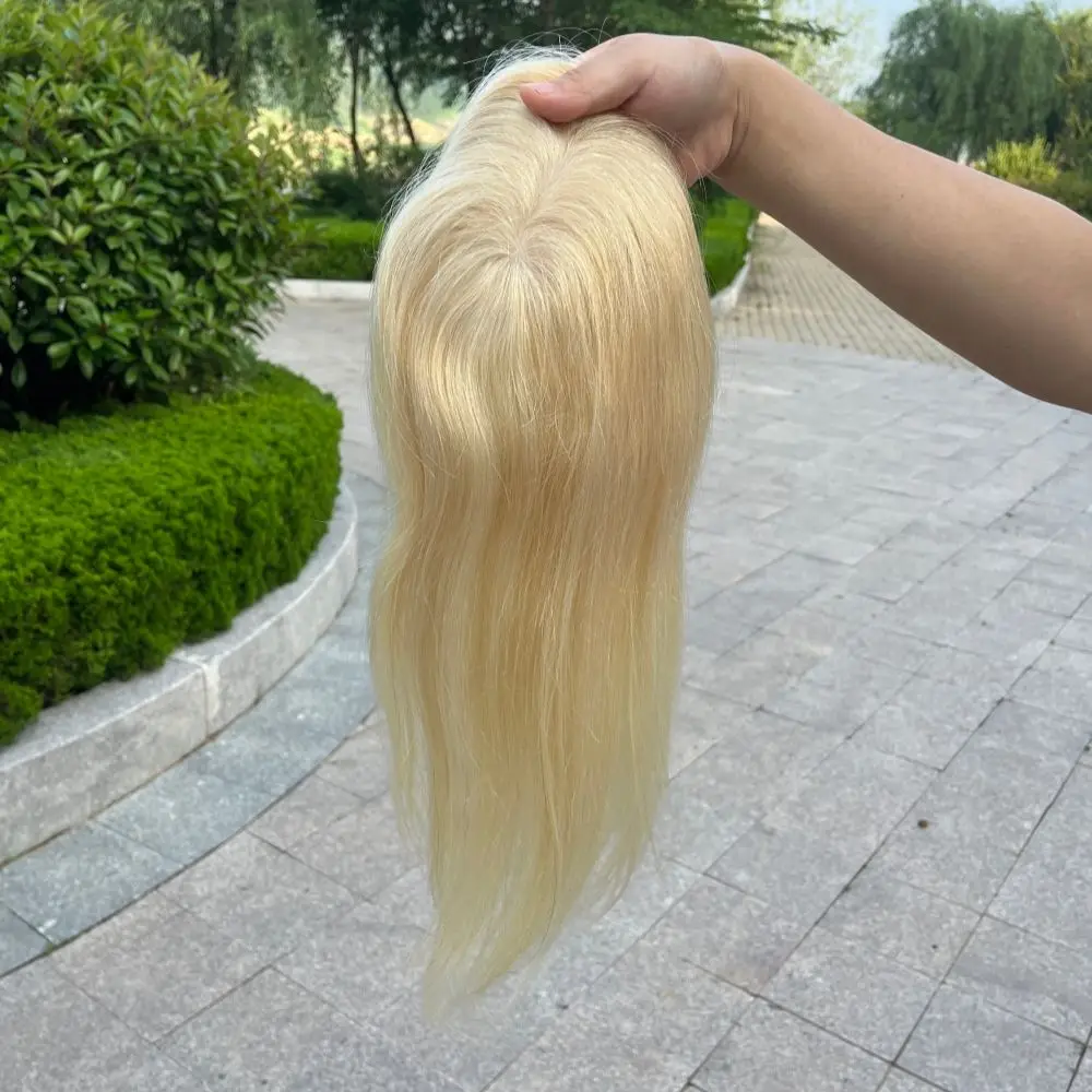 Ash Blonde European Remy Human Hair Topper #613 Natural Scalp Skin Base Women Toupee with 4 Clips Ins Size 5X5  6X6 5X7inch