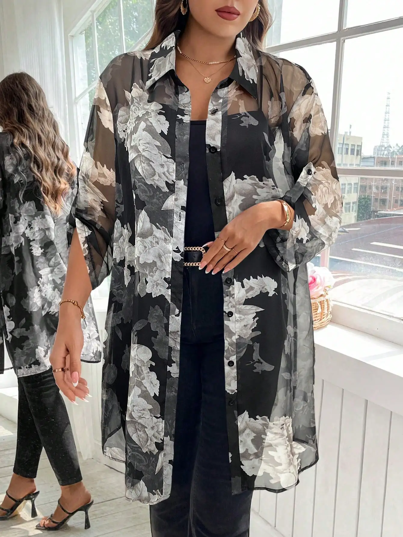 

Женская рубашка больших размеров с цветочным принтом, с отворотами на рукавах, на одной пуговице, длинная, для отпуска
