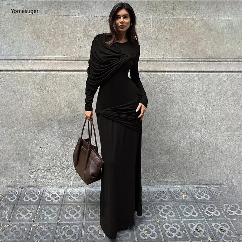 Yomesugar-Vestido largo de retales con pliegues irregulares para fiesta de año nuevo, ropa de discoteca, vestidos ceñidos elegantes de manga larga con cuello redondo 2026