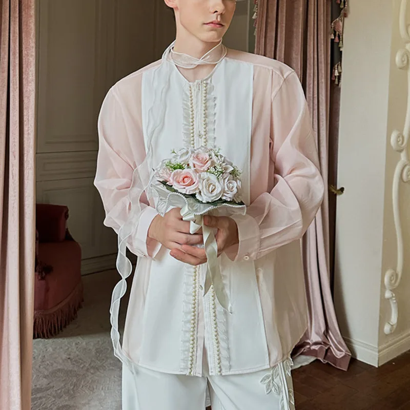 WVGA Spring Summer New Men Tide French Style High-End Thin Trendy Long-Sleeve Lace Shirt Niche Chic Casual Sheer Tops Ins W17977