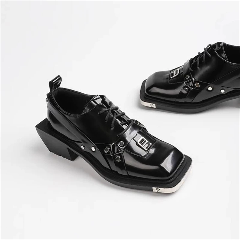 

New Fashion Black Belt Decoration Lace Up Square Toe Derby Shoes Women High Heels Thick Sole Fahion Leather Shoes Pumps