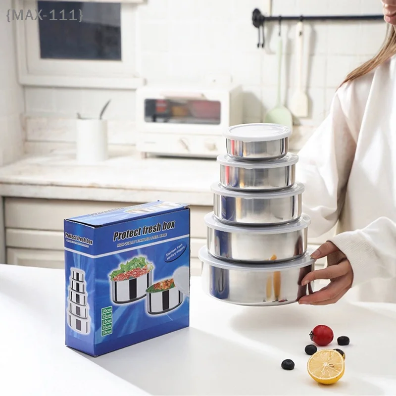 【F2-MAX111】5Pcs Silver Stainless Steel Mixing Bowls with Lids - Stackable Deep Nesting Bowls Dishwasher Safe for Kitchen Baking