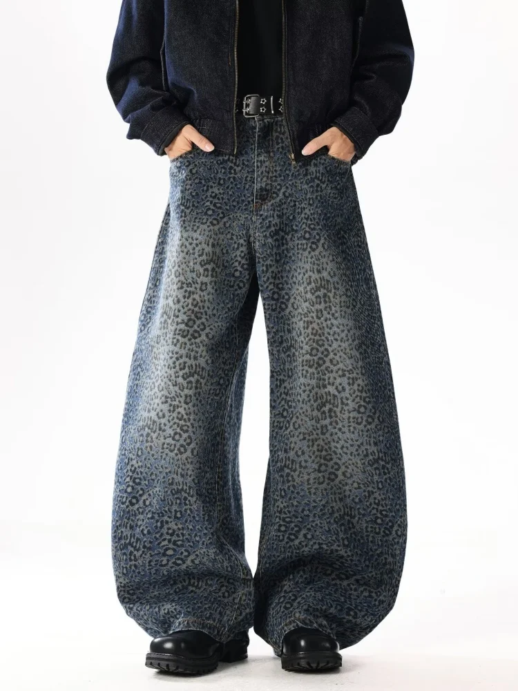 2025 Ropa Y2K Fashion Blue Leopard Baggy New Jeans Pants For Men Clothing Wide Leg Streetwear Luxury Denim Trousers Moda Hombre