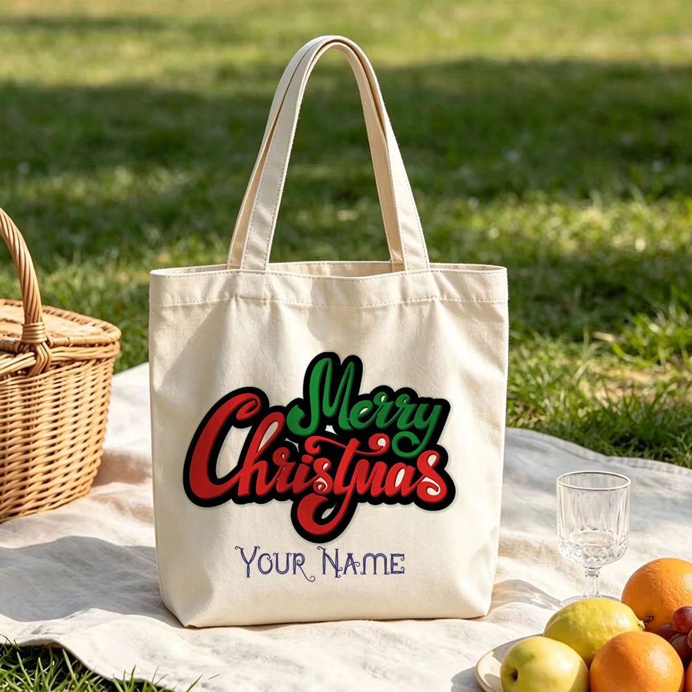 Personalized Christmas Canvas Tote Bag Custom Name Grocery Shopping Bag for Women Girls Large Reusable Shoulder Books Xmas Gifts