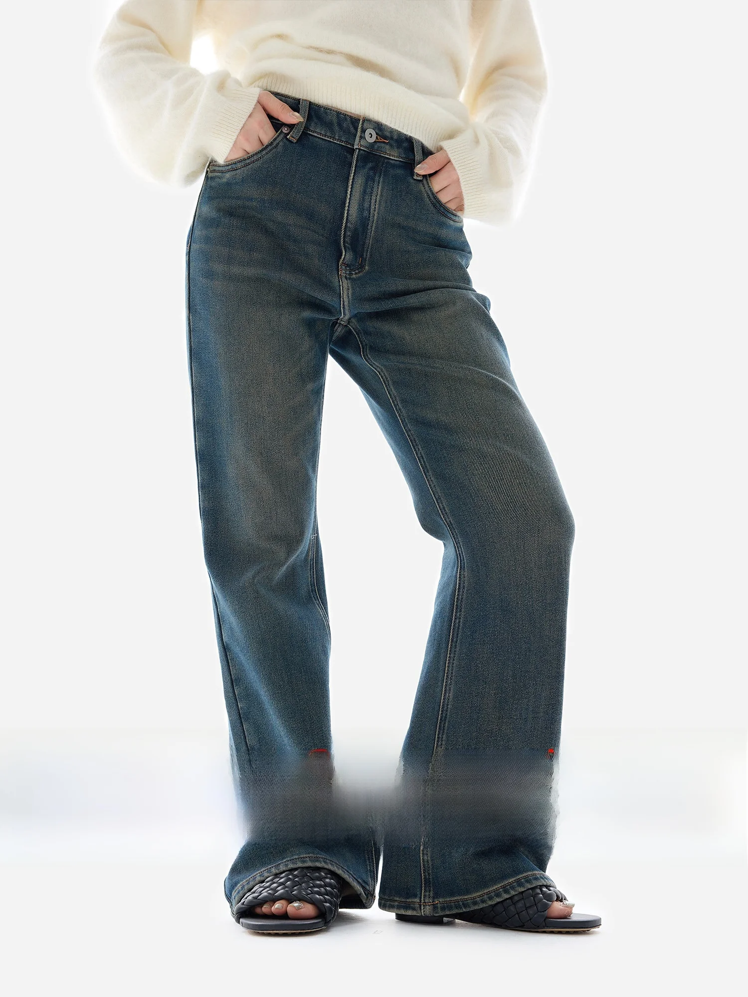 

eGuYue Fce Lined Faux Suede Wide Leg Jeans Loose Comfortable Winter Wear Casual Sle l Waist Cotton Denim