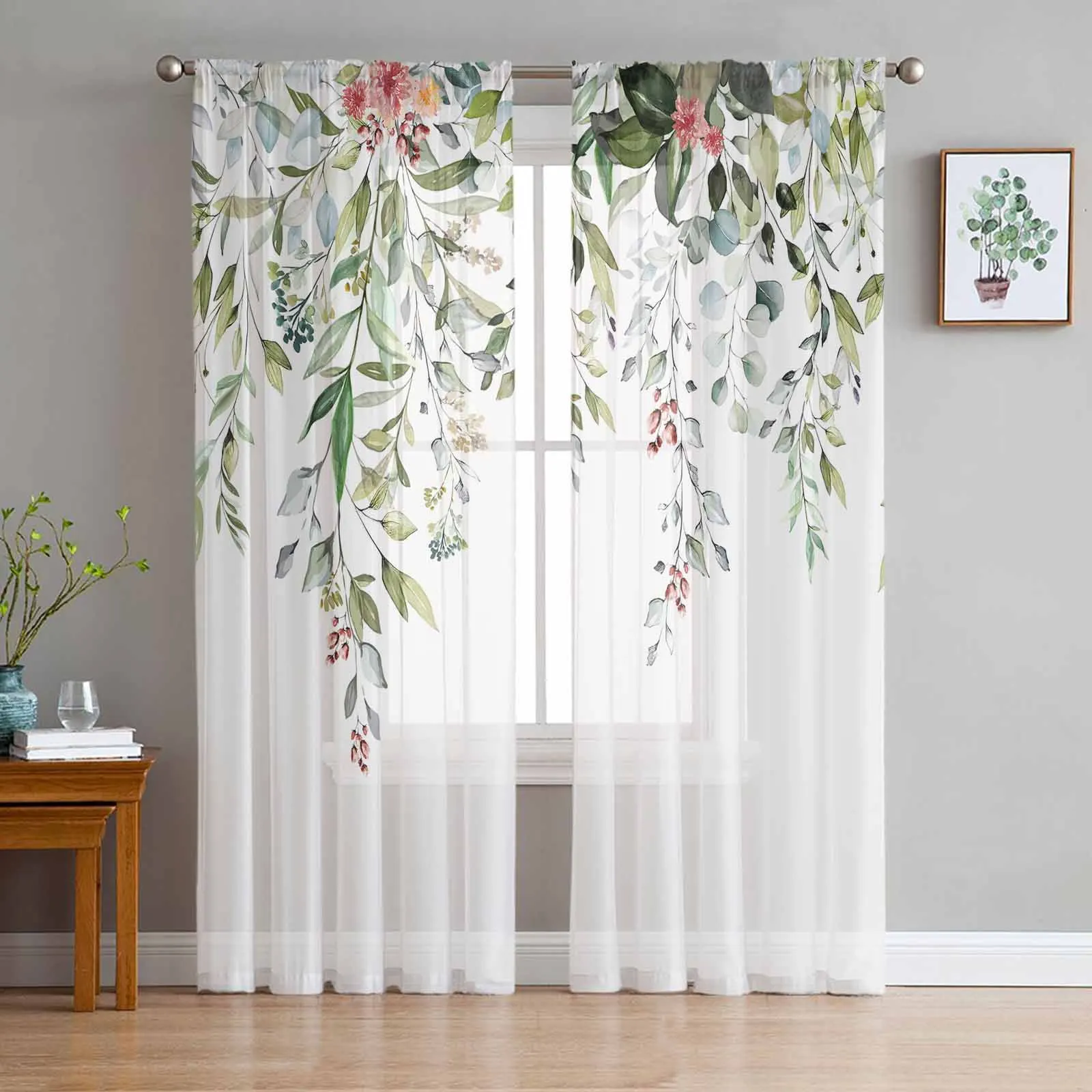 

Leaves Eucalyptus Leaves Flower Buds Watercolor Sheer Curtains for Living Room Bedroom Window Treatment Kitchen Chiffon Curtain