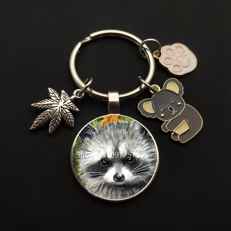 Cute Art Raccoon Keychain Keyring Retro Wild Animal Glass Dome Keychain Jewelry Ladies Children Lover Fashion Gift Strap