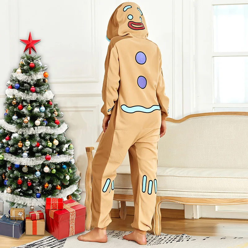 Christmas Gingerbread Man Couple Fleece One-piece Pajamas Cosplay Adult Performance Clothes Holiday Party