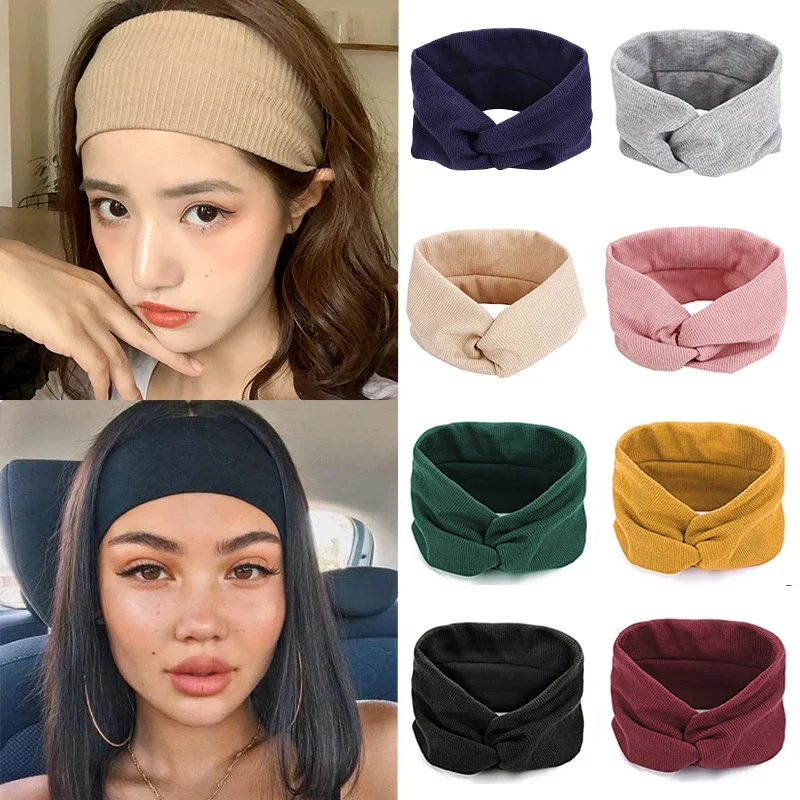 17KM ผู้หญิงผ้าฝ้ายแถบคาดศีรษะกว้างสําหรับสาวเด็ก Knot CROSS Hairband HEAD Band Turban สําหรับแต่งหน้าอุปกรณ์เสริมผม