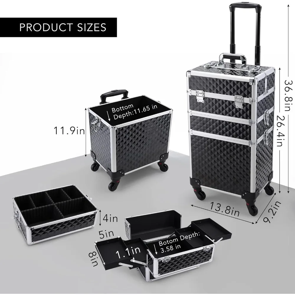 Professional 3-in-1 Rolling Makeup Train Case with Large Storage, Swivel Wheels, and Lockable Keys for Salon and Barber Use
