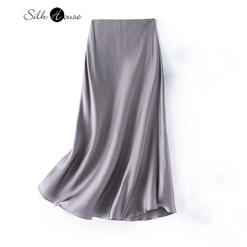 2024 Women\'s Summer New 100% Natural Mulberry Silk Pearl Satin Dark Grey Elegant Diagonal Cut Wrapped Hip Fishtail Skirt