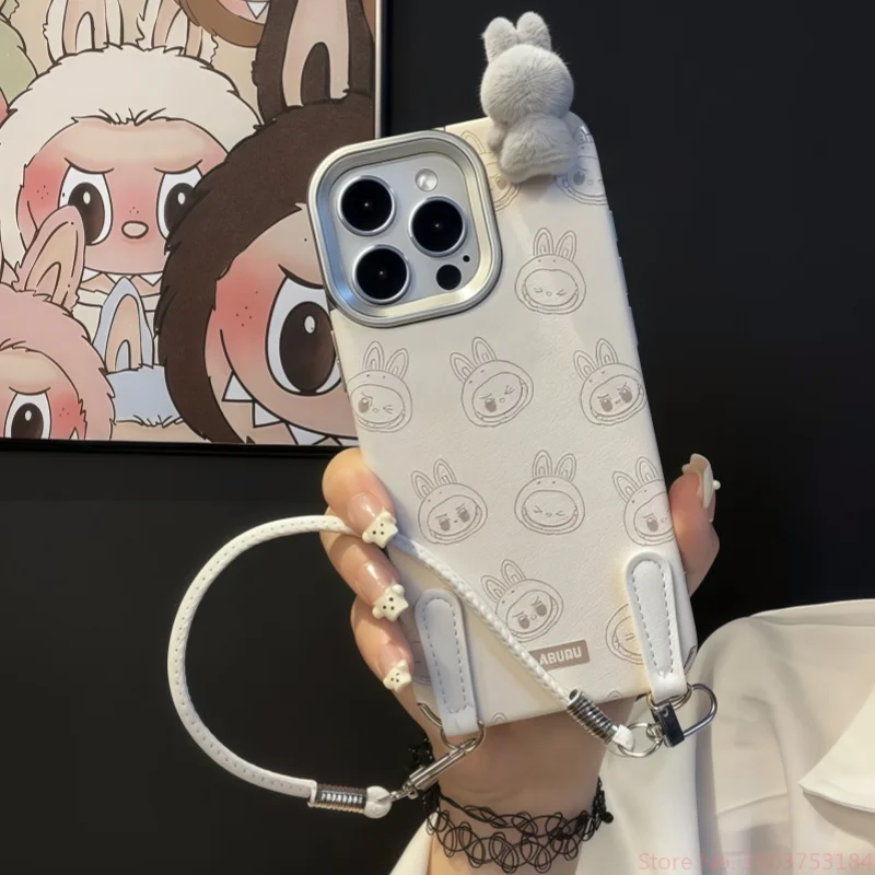 Nuevo caliente lindo 3D figura de Anime de dibujos animados Labubu cuerda de mano todo incluido Apple 16 funda de teléfono Phone15 Promax 14Pro Anti Drop 13 Pro