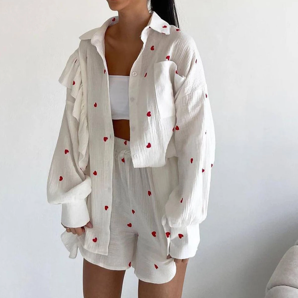 2024 New Heart Printed Short Set Women Long Sleeve Pocket Ruffle Cardigan+Short Pants Sets Spring Summer Casual Chic 2 Piece Set