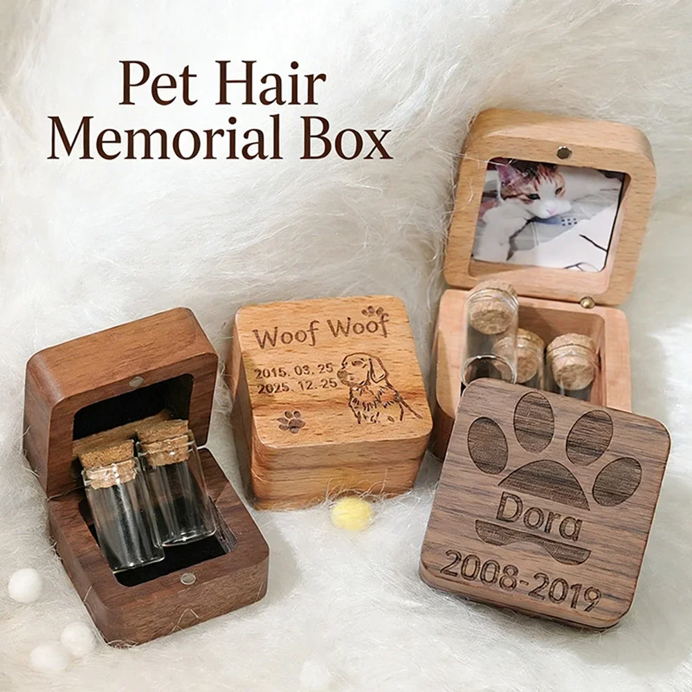 Pet Hair Memorial Box Keepsake Custom Engraved Photo Urn Tooth Ash Storage Vials Wooden Memory Box For Cats And Dogs Remembrance