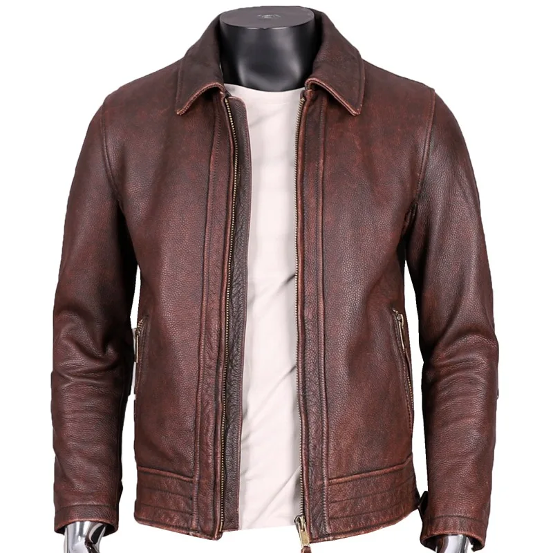 

2024 New Fashion Autumn Men's Motorcycle Leather Washed To Do Old Jacket Man First Layer Of Cowhide Leather Clothing Male Coats