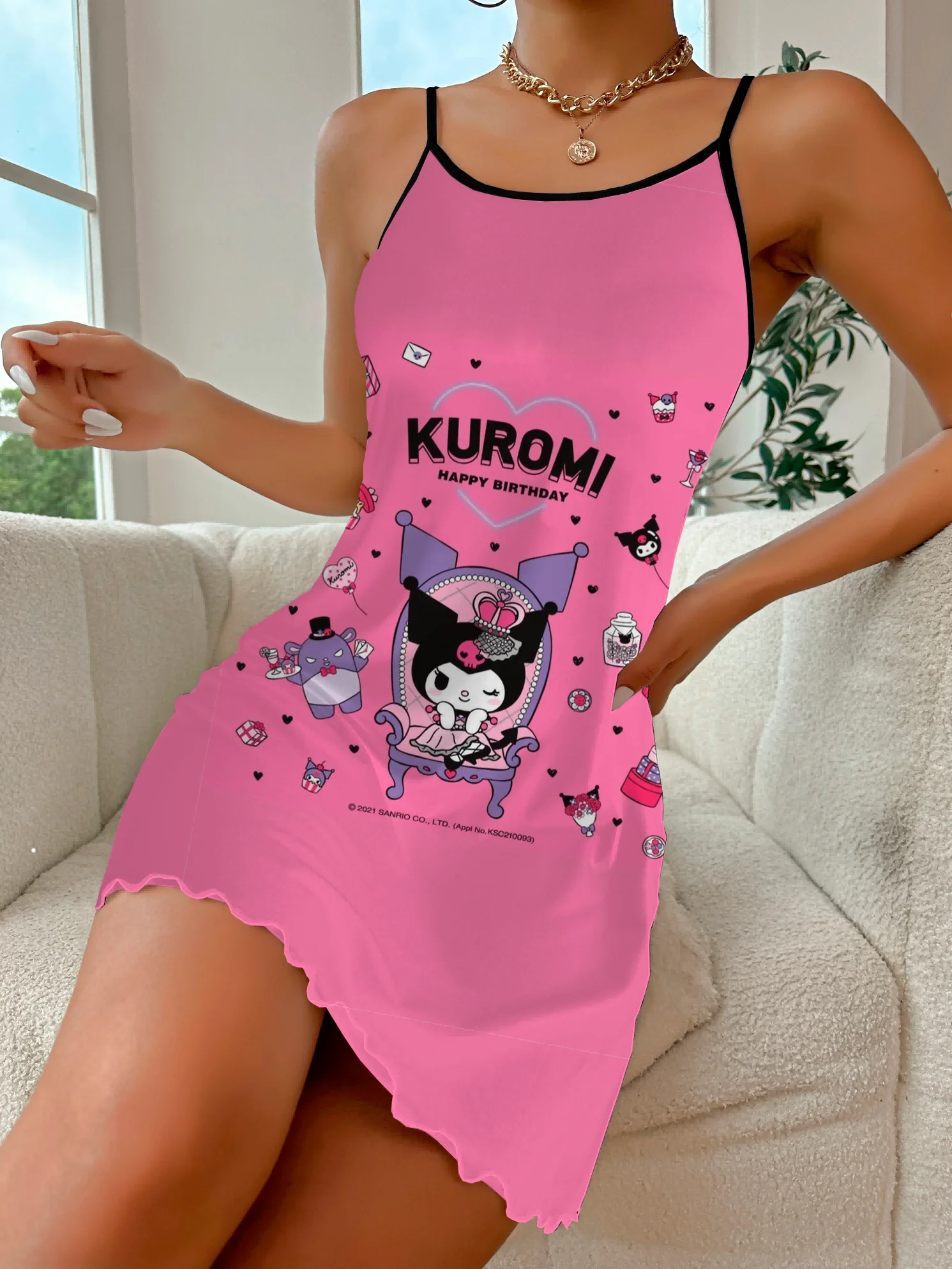 Elegancka szykowna sukienka Spódnica od piżamy Eleganckie sukienki dla kobiet Disney Saurtce Trim Crew Neck Moda Letnie sukienki 2024 Kuromi Mini