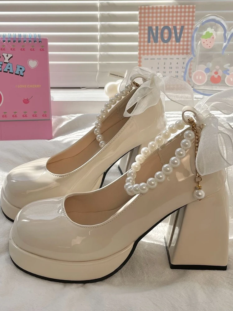 Sweet Bow Design Small Leather Shoes Women Pearl High Heels White French 2024 New Retro Platform Increase Mary Jane Shoes Lady