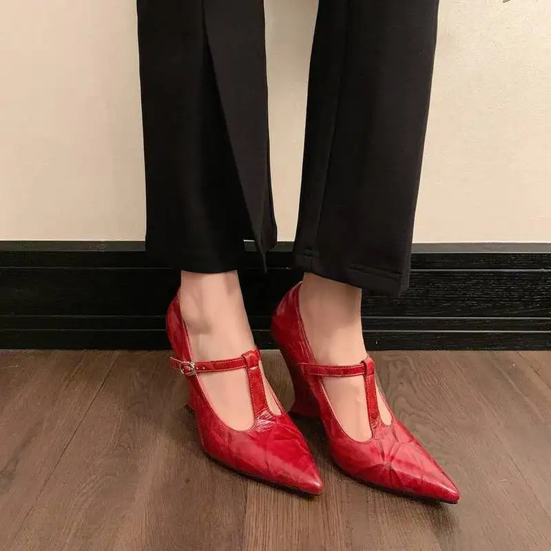 Women Split Cow Coated Leather Pointed Wedge Mary Jane Pumps Strap TPR Sheep Anti Slip Four Season Office F392
