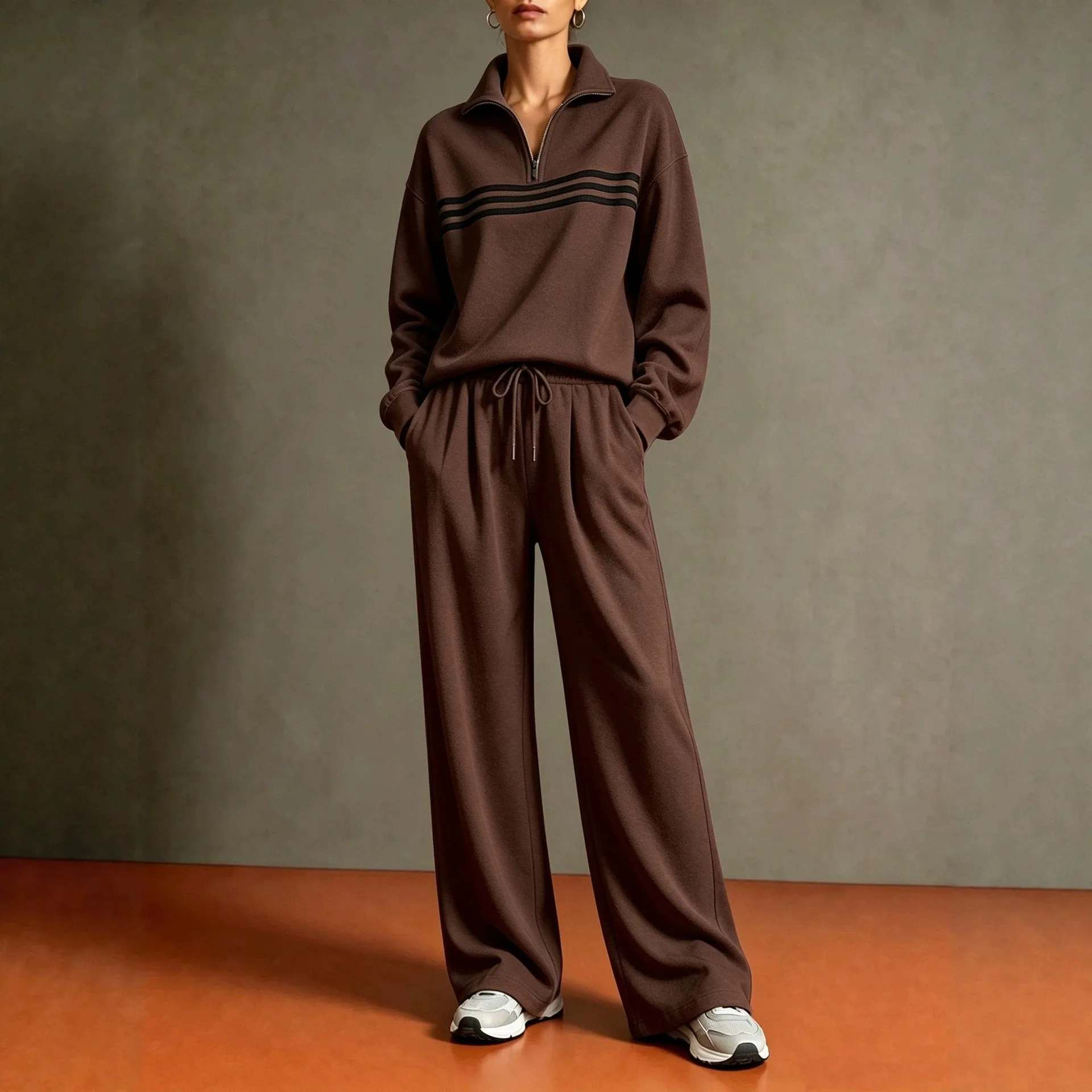 Casual 3D Cut Set with Hoodie Sporty Long Sleeve Zipper Elegant Commute Top Women Winter Set Tracksuit Autumn Regular Sleeve