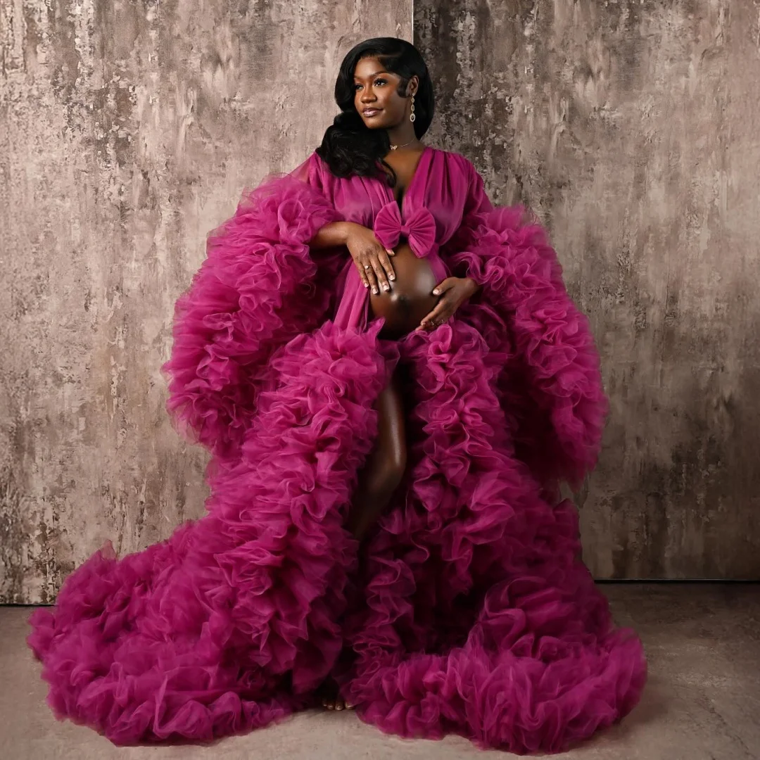 

Fuchsia Prom Dresses Tulle Ruffles Maternity Dress Customized Layers vestido de novia Long Sleeves Plus Size Photography Props
